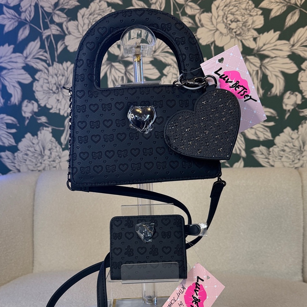 Betsey Johnson Bundle of Black Heart Mini Bag & Matching Wallet